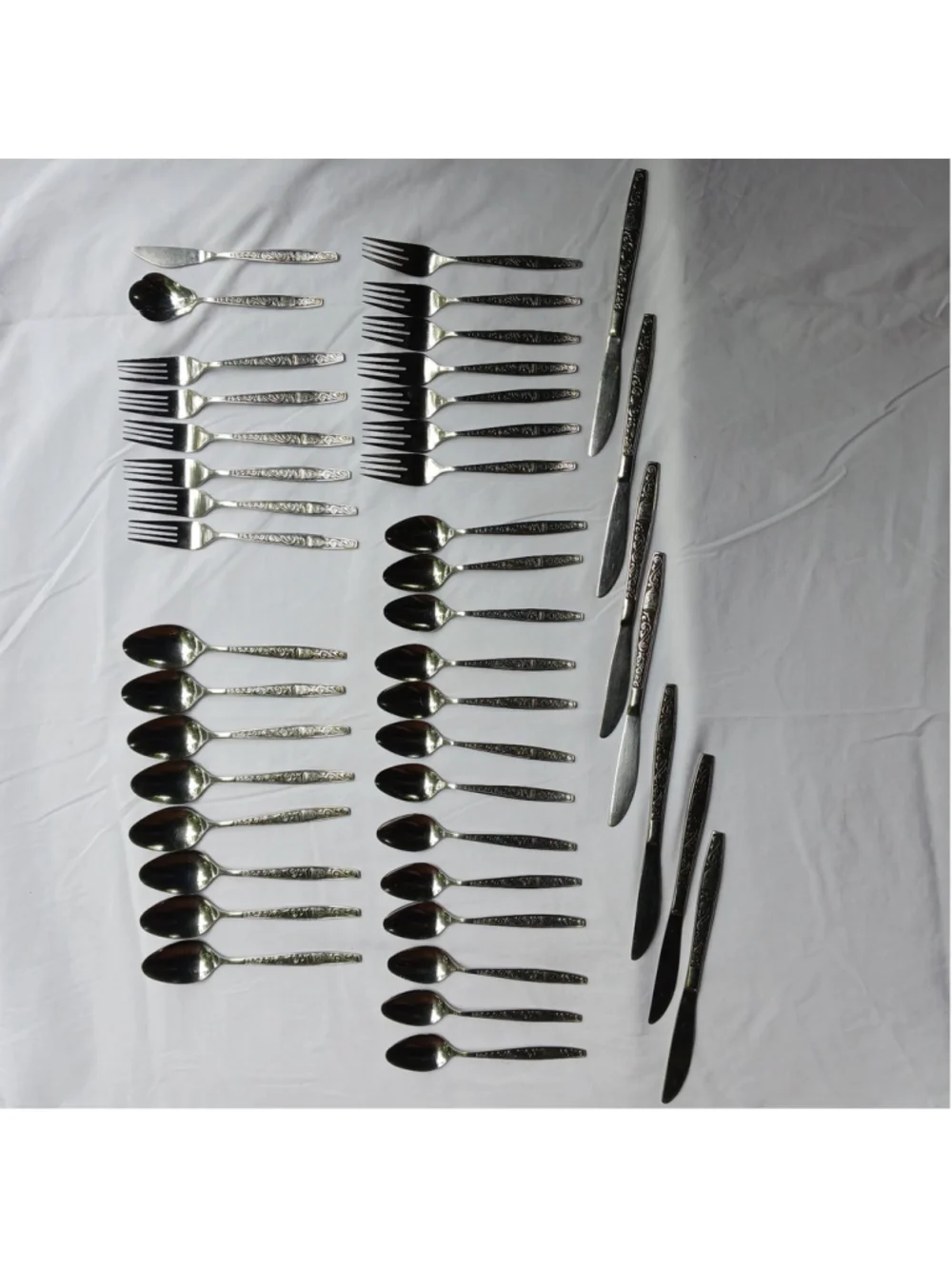 VTG MCM Stainless Steel Flatware Set Scroll Asian Good Luck Bell Chalice